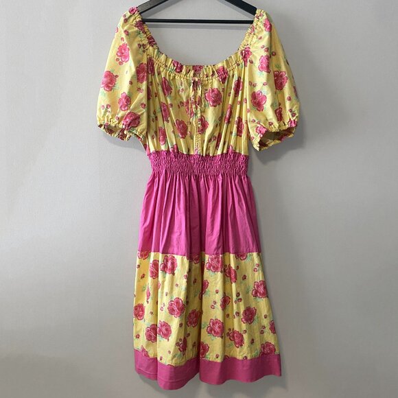 Handmade Dresses & Skirts - Handmade Plus Size Cotton Pink Yellow Floral Print Front Tie Detail Dress